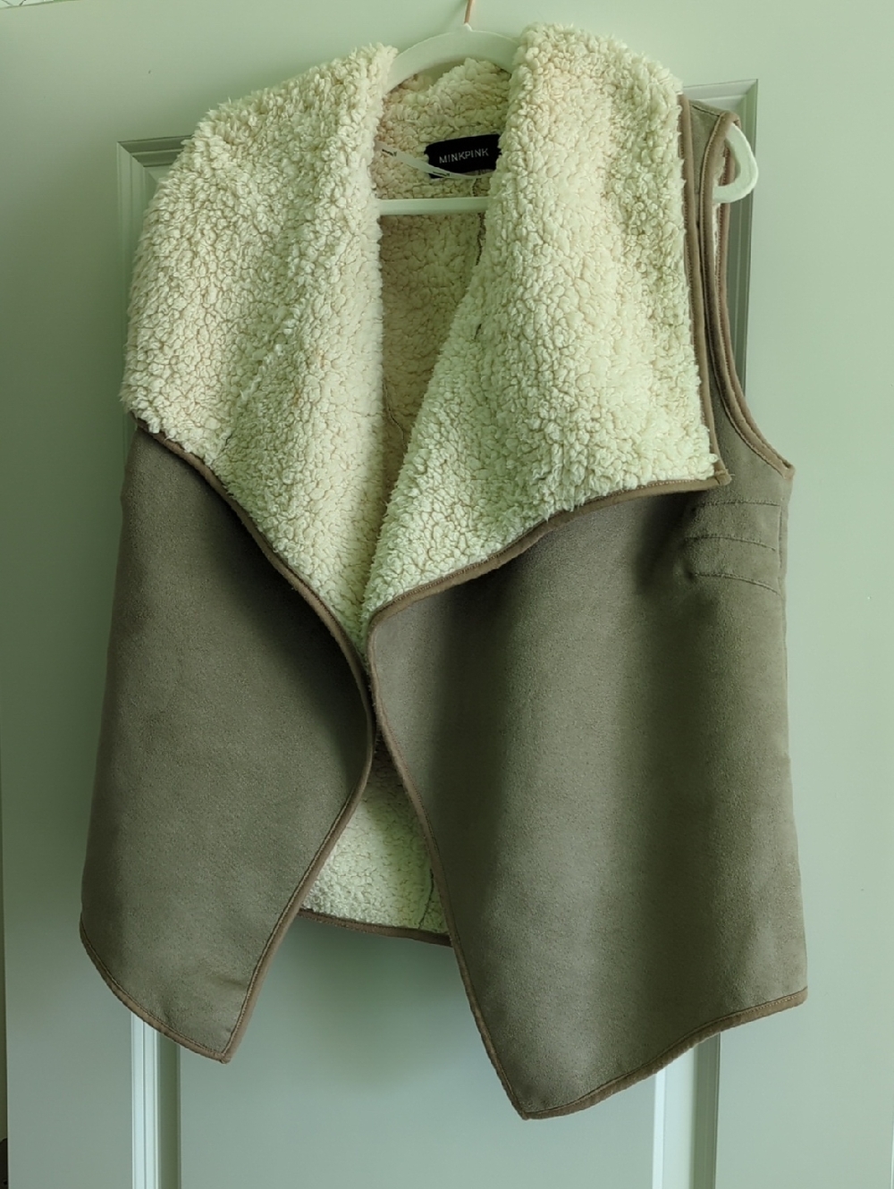MinkPink Taupe Suede-Look Vest with Cream Sherpa Lining